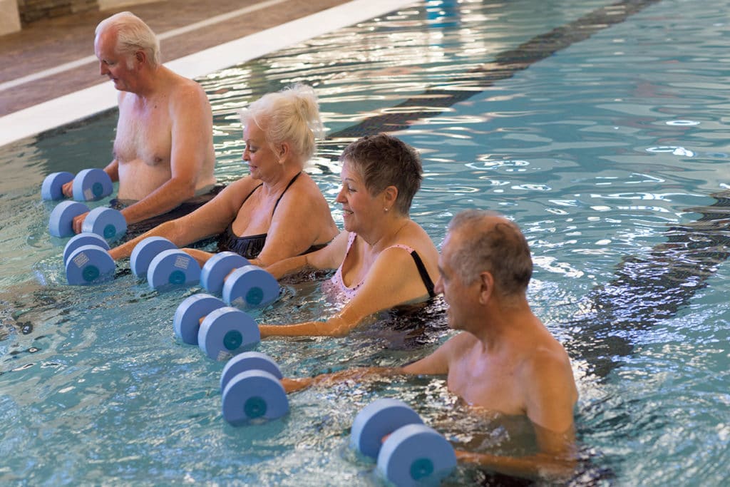 Seniors do water aerobics at Live Well Fitness and Rehab at Westminster Village West Lafayette