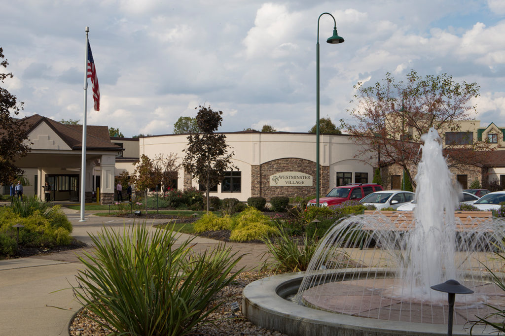 fountain and front entrance at Westminster Village West Lafayette