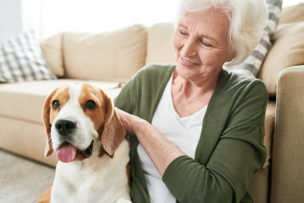 A senior woman petting her dog and smiling while sitting beside a couch.