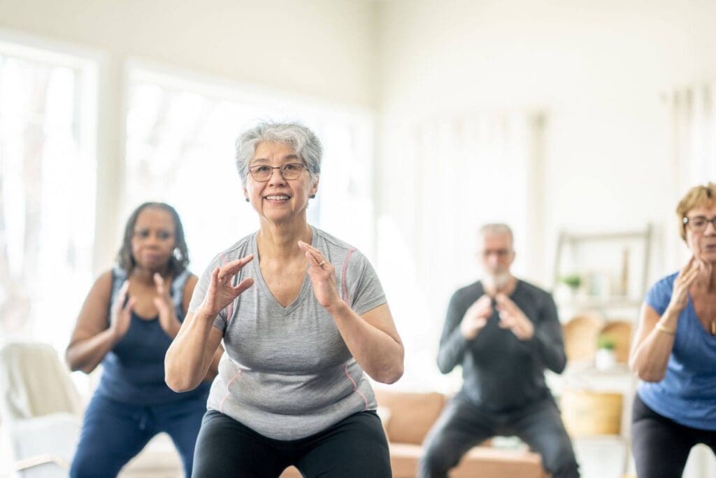 A large group of seniors in balance classes for elderly at Westminster Village at West Lafayette, one of the many ways residents are supported.